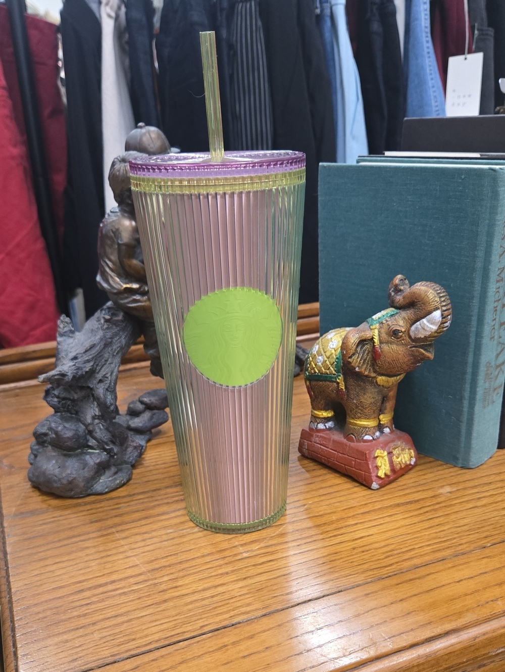 Starbucks Iridescent Pink-Gold Ribbed Tumbler with Green Logo